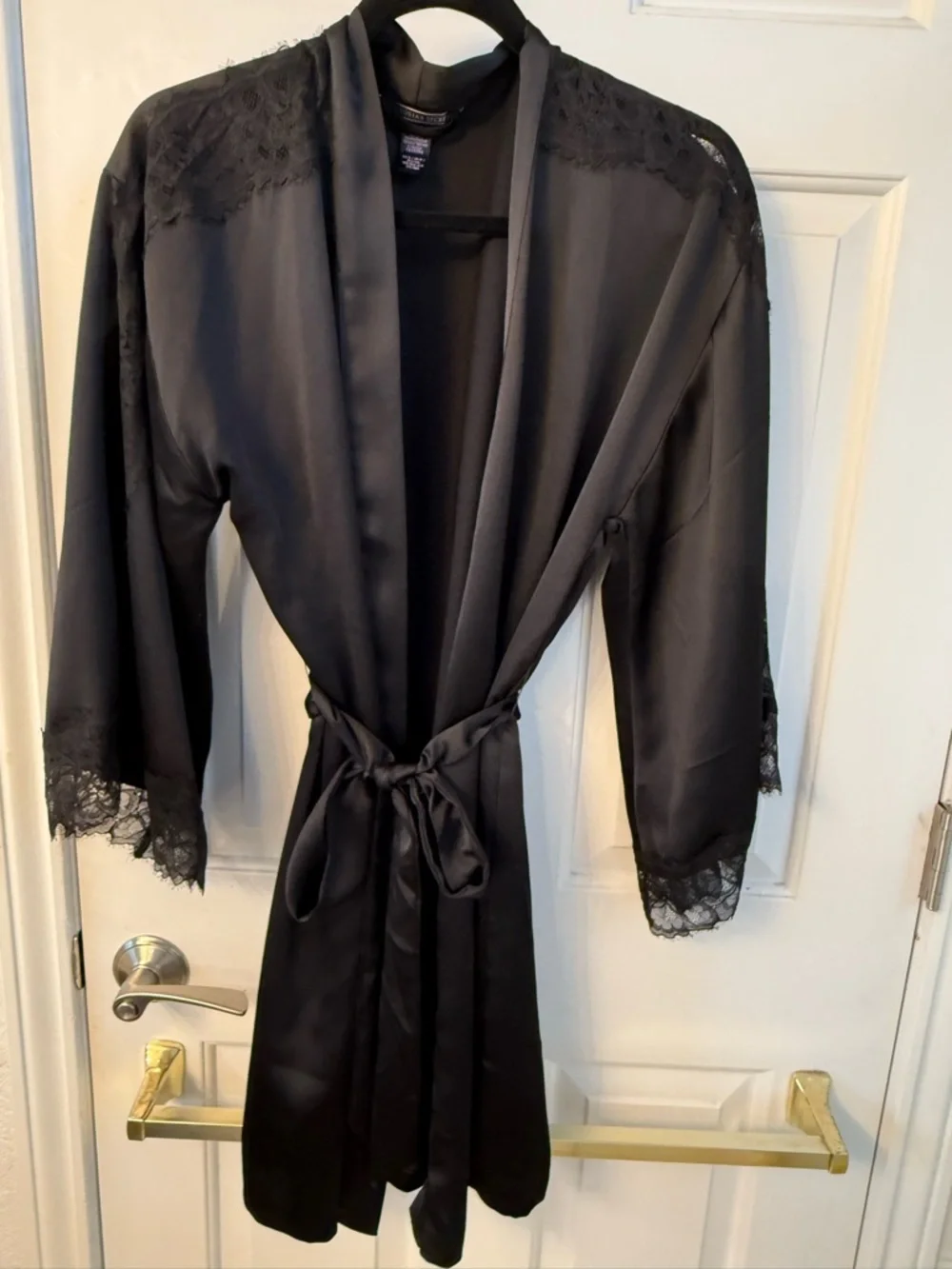 Victoria Secret Black Lace-Trim Satin Robe - Women's Intimates & Sleepwear